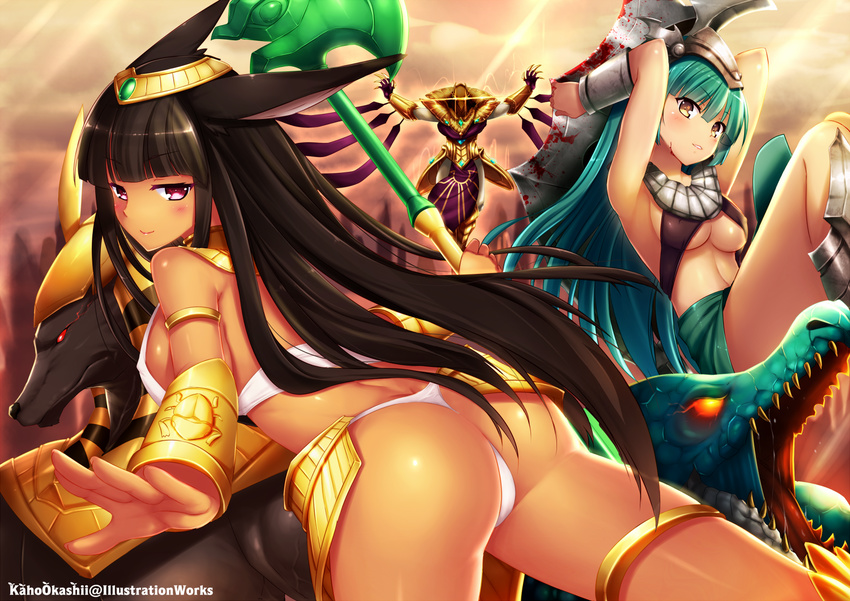 2girls animal_ears armlet armpits arms_up ass azir bad_id bad_pixiv_id black_hair blood blunt_bangs blush bracer breasts circlet covered_nipples dark-skinned_female dark_skin egyptian genderswap_(mtf) green_hair kaho_okashii large_breasts league_of_legends long_hair looking_at_viewer multiple_girls nasus panties red_eyes renekton rule_63 sideboob smile thong underboob underwear weapon yellow_eyes