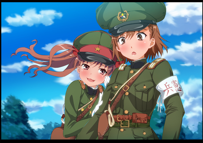 2girls :3 alternate_costume armband bad_id bad_pixiv_id belt blush border bow brown_eyes brown_hair cloud commentary day epaulettes gloves hairbow hand_on_another's_arm hat heitai_gensui holster imperial_japanese_army long_hair looking_at_another manchukuo manchukuo_army military military_uniform misaka_mikoto multiple_girls peaked_cap photoshop_(medium) police police_uniform policewoman pouch shirai_kuroko short_hair sky surprised toaru_kagaku_no_railgun toaru_majutsu_no_index tree twintails uniform white_gloves world_war_ii