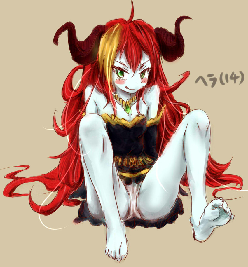 :q barefoot blue_skin blush_stickers colored_eyelashes colored_skin commentary_request demon_girl demon_horns dress female full_body green_eyes hera_(puzzles_&_dragons) highres horns jewelry kuchimizu long_hair messy_hair necklace panties pantyshot puzzle_&_dragons red_hair simple_background sitting smirk solo spread_legs strapless strapless_dress text_focus tongue tongue_out underwear very_long_hair