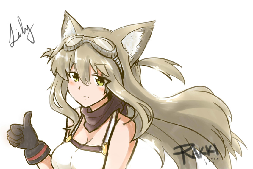 animal_ears artist_name bare_shoulders breasts brown_hair character_name cleavage commentary_request female fox_ears gloves goggles green_eyes highres large_breasts lily_the_mechanic long_hair lost_pause original pout rakki solo