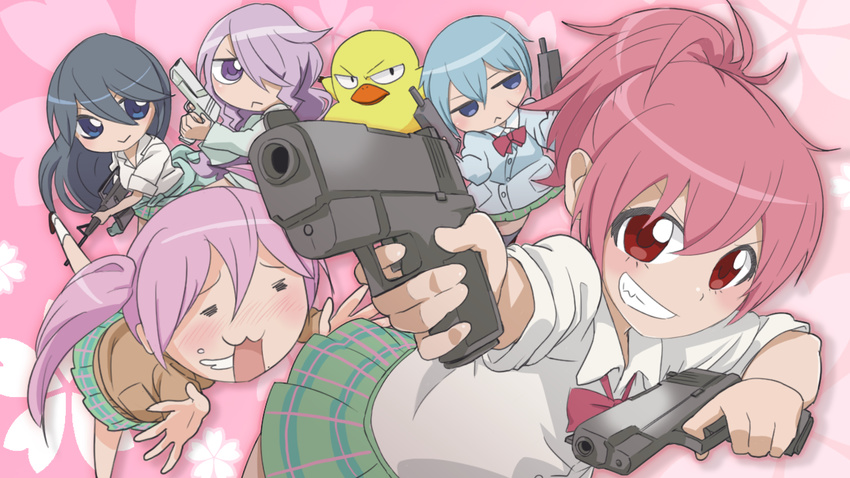 5girls :> :< =_= black_hair blue_eyes blue_hair buki56 chibi commentary_request dual_wielding goutokuji_kayo grin gun handgun holding jitome kamo_(sabagebu!) kasugano_urara_(sabagebu!) kyoudou_maya long_hair mole mole_under_mouth multiple_girls ootori_miou pink_hair ponytail purple_eyes purple_hair red_eyes sabagebu! saliva school_uniform short_hair skirt smile sonokawa_momoka twintails weapon yuri