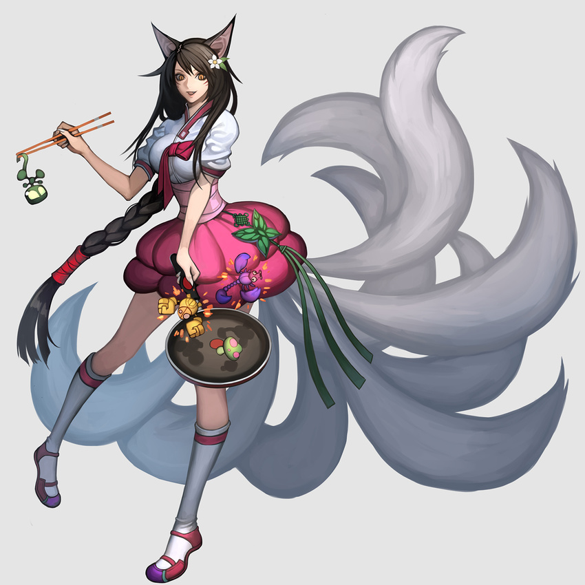 ahri_(league_of_legends) amumu animal_ears bad_id bad_pixiv_id black_hair blitzcrank braid bug butterfly chibi chopsticks elune_(artist) female flower fox_ears fox_tail frying_pan hair_flower hair_ornament highres kneehighs korean_clothes league_of_legends long_hair multiple_tails mummy mushroom photoshop_(medium) robot scorpion single_braid skarner socks solo tail