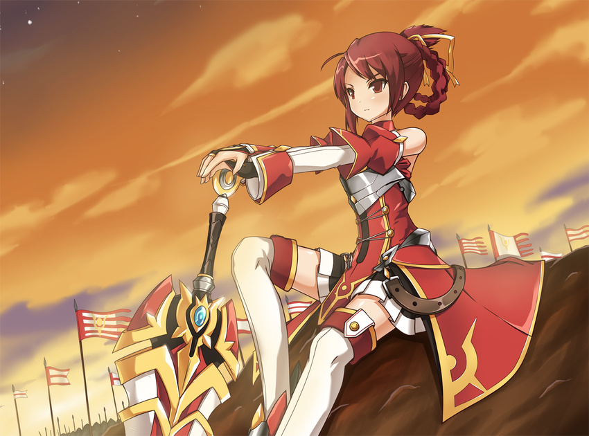 bad_id bad_pixiv_id bare_shoulders boots braid bridal_gauntlets detached_sleeves elesis_(elsword) elsword female flag folded_braid french_braid red_eyes red_hair saber_knight_(elsword) serenasion serious short_hair sky solo sword thigh_boots thighhighs weapon