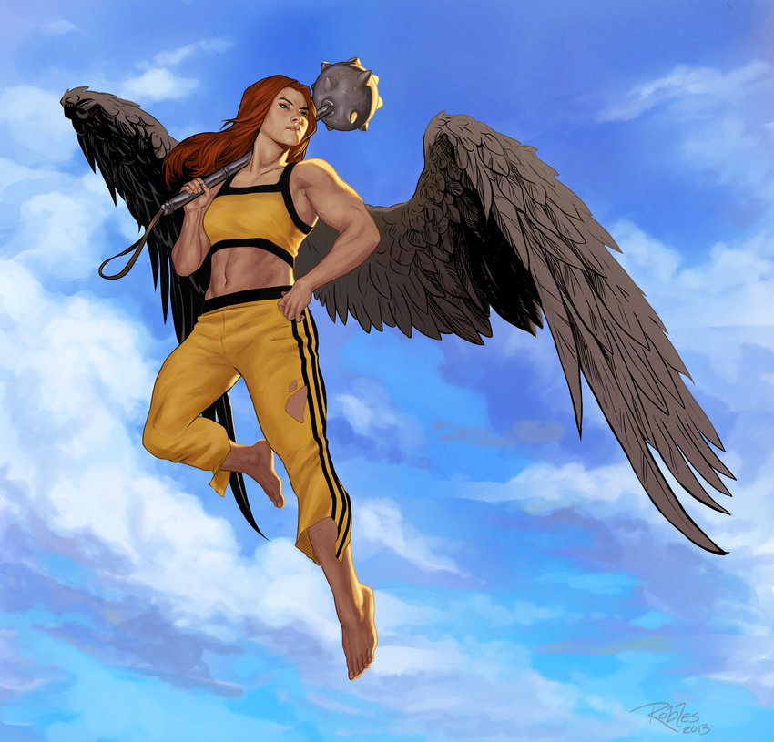 alien barefoot dc_comics feathered_wings female female flying hand_on_hip hawkgirl mace midriff muscle nick_robles orange_hair realistic solo torn_clothes weapon wings