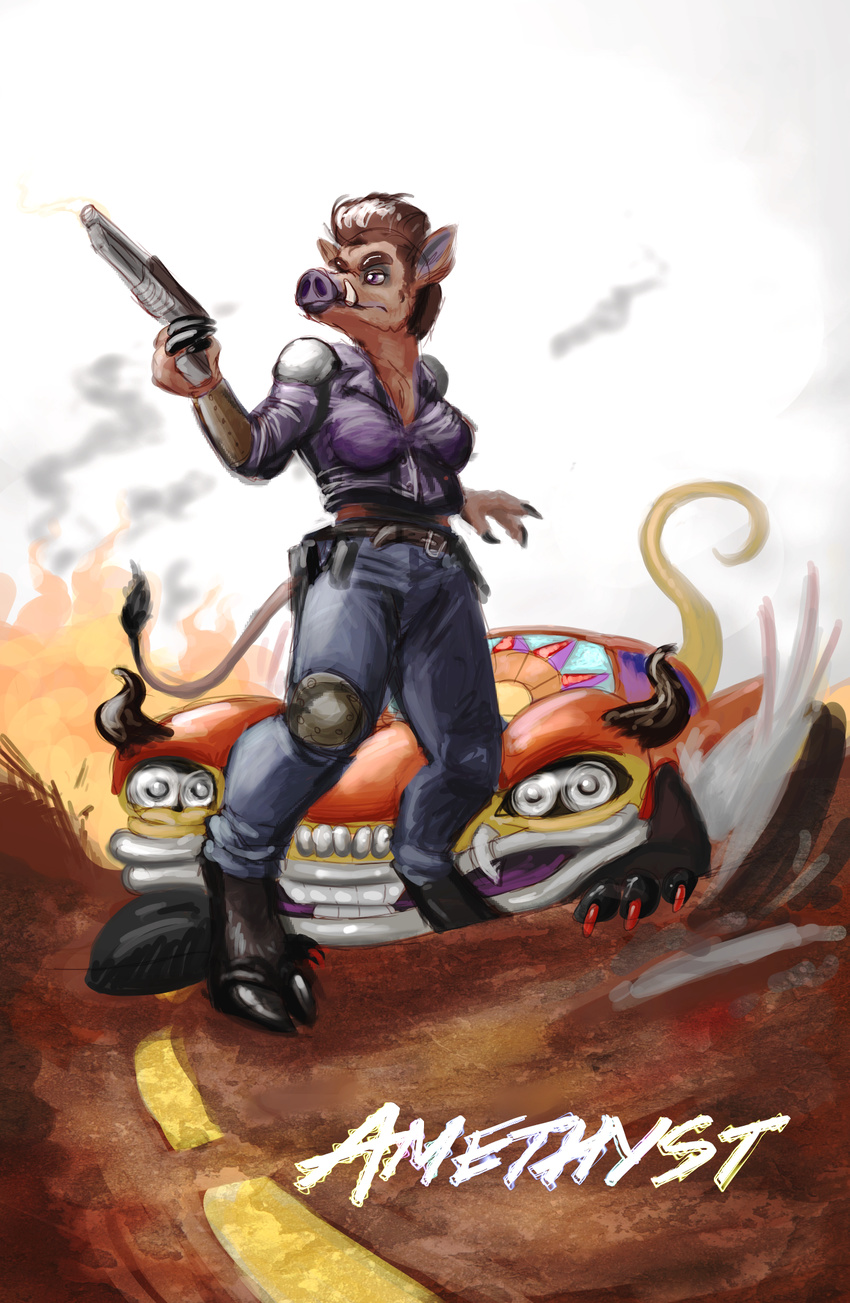 amethystbeetle anthro armor avoid_posting breasts car careature clothing duo female hi_res holding_object holding_weapon khaazbaar living_machine machine mad_max male mammal monster parody post-apocalyptic smile suid suina sus_(pig) vehicle weapon wild_boar