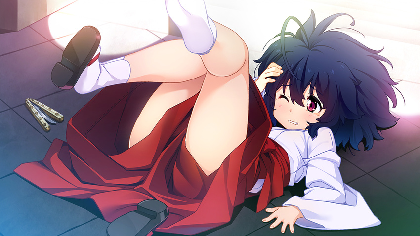 ahoge black_hair female game_cg garandou_sara grin hand_on_own_head island_(game) japanese_clothes kuuchuu_yousai legs long_sleeves lying miko official_art on_floor red_eyes sandals short_hair smile socks solo tears unworn_sandals wince zouri