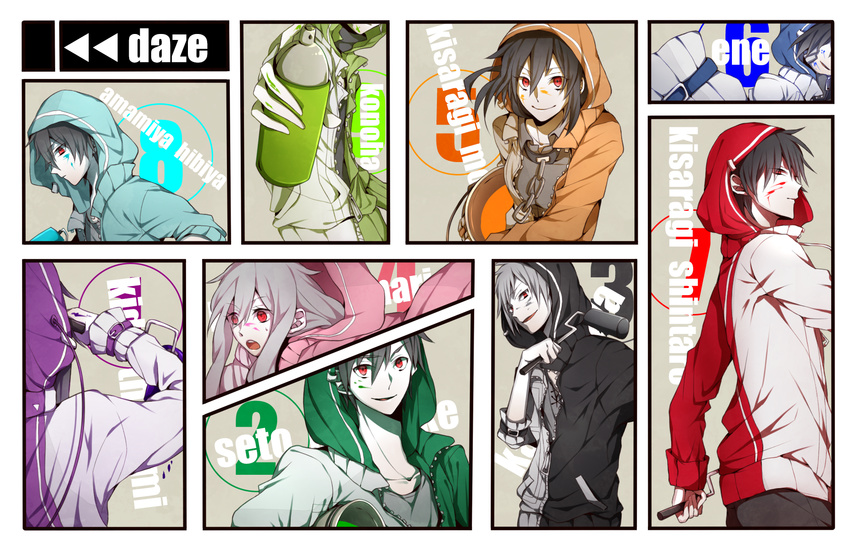 4girls 5boys alternate_costume amamiya_hibiya aqua_jacket arm_up blue_jacket border buckle can chains character_name close-up closed_mouth collage commentary_request copyright_name daze_(kagerou_project) ene_(kagerou_project) facing_away facing_viewer from_behind green_jacket head_out_of_frame headphones highres holding holding_can holding_paint_roller hood hood_down hood_up hooded_jacket impact_(font) jacket kagerou_project kano_shuuya kido_tsubomi kisaragi_momo kisaragi_shintarou konoha_(kagerou_project) kozakura_marry long_hair long_sleeves looking_ahead looking_at_viewer multicolored_clothes multicolored_jacket multiple_boys multiple_girls numbered open_mouth orange_jacket out_of_frame paint paint_roller paint_splatter paint_splatter_on_face partially_colored pink_jacket purple_jacket red_eyes red_jacket rewind_button short_hair sleeves_past_elbows sleeves_pushed_up smile spray_can spray_paint teeth tknsh_(takanashi_10) two-tone_jacket upper_body upper_teeth_only white_border white_jacket