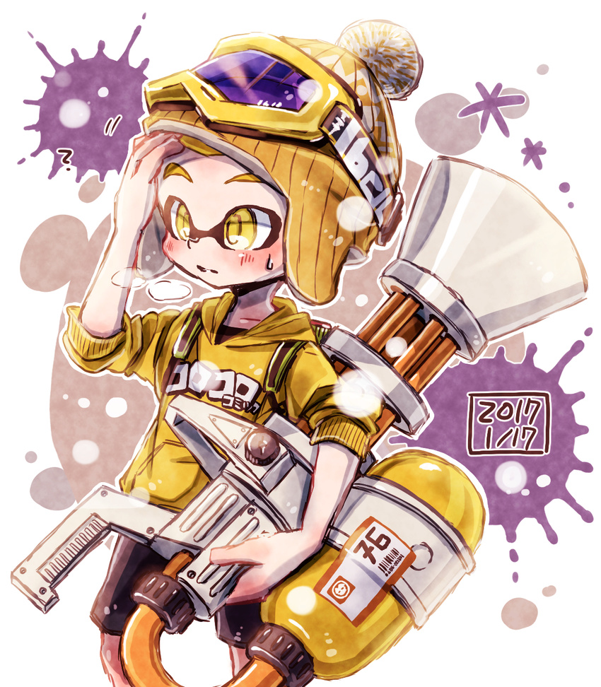 1boy ? bad_id bad_pixiv_id black_shorts blonde_hair breath dated goggles goggles_on_headwear hand_on_head hand_on_own_head harutarou_(orion_3boshi) hat highres holding holding_weapon hood hoodie inkling inkling_boy inkling_player_character long_sleeves male_focus mini_splatling_(splatoon) paint_splatter pointy_ears print_shirt shirt shorts sleeves_pushed_up splatoon_(series) splatoon_1 standing weapon yellow_eyes yellow_hat yellow_shirt