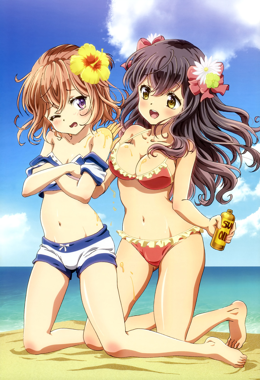 1boy absurdres beach bikini blush bow brown_hair bulge cloud day female flower hair_flower hair_ornament hairbow hibiscus highres kanojo_ga_flag_wo_oraretara long_hair lotion mahougasawa_akane non-web_source nyantype official_art one_eye_closed open_mouth otoko_no_ko outdoors sky straight striped_bikini striped_clothes sunscreen swimsuit touzokuyama_megumu yellow_eyes