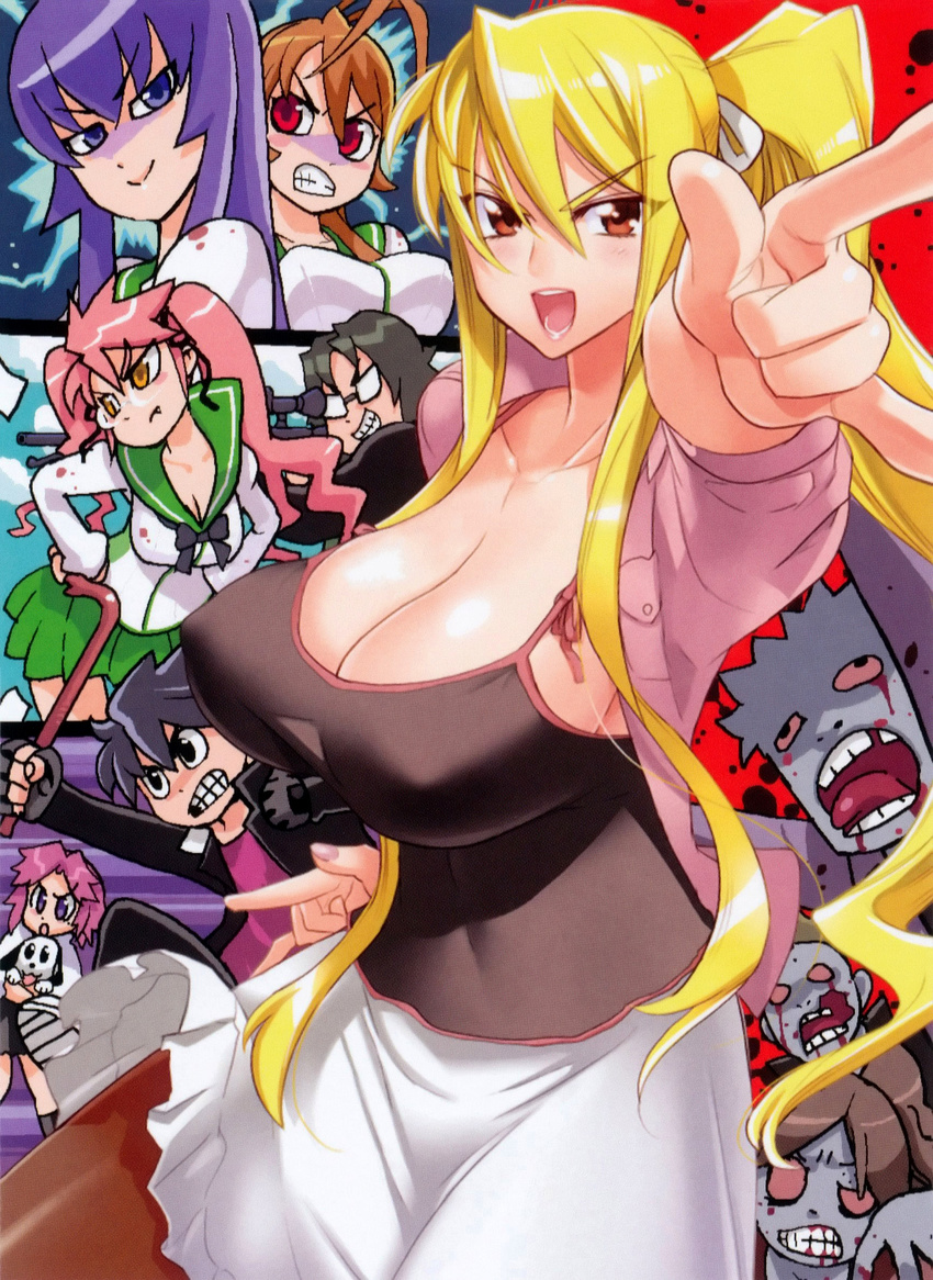 2boys 5girls blonde_hair breasts busujima_saeko camisole canine cleavage crowbar highres highschool_of_the_dead hirano_kohta huge_breasts komuro_takashi maresato_alice marikawa_shizuka miyamoto_rei multiple_boys multiple_girls parody pink_hair pointing purple_hair red_eyes saliva satou_shouji scott_pilgrim style_parody takagi_saya tsuzuki_shiori weapon