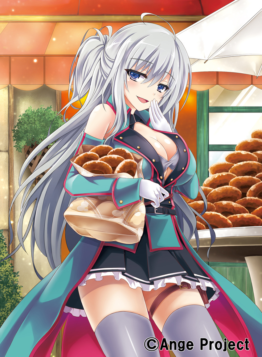 :d absurdres ahoge ange_vierge bag bare_shoulders belt blue_eyes braid breasts cleavage commentary_request detached_sleeves female gloves grey_hair highres holding holding_bag kurowana large_breasts long_hair looking_at_viewer nya_lapucea open_mouth paper_bag smile solo thigh_strap thighhighs white_gloves zettai_ryouiki