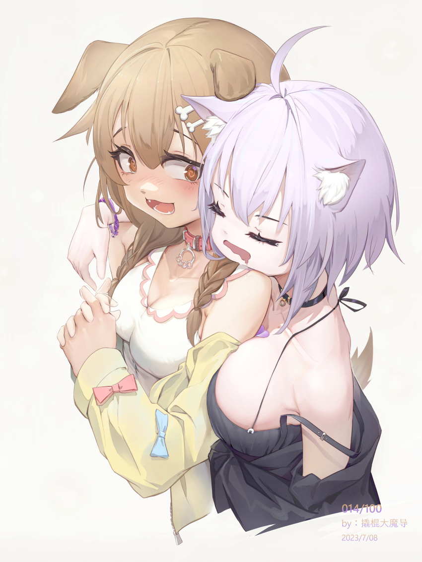 2girls @_@ absurdres animal_collar animal_ears black_bra black_collar blush bra breast_press breasts breasts_on_another's_back brown_hair cat_ears cat_girl cleavage collar dated dog_ears dog_girl dog_tail double-parted_bangs dress drooling head_on_another's_shoulder heart_on_chest highres hololive inugami_korone inugami_korone_(1st_costume) jacket large_breasts medium_breasts mouth_drool multiple_girls nekomata_okayu parted_hair qiaogun_damodao red_collar sideboob signature sleeping strap_slip tail underwear virtual_youtuber wardrobe_malfunction white_dress yellow_jacket yuri