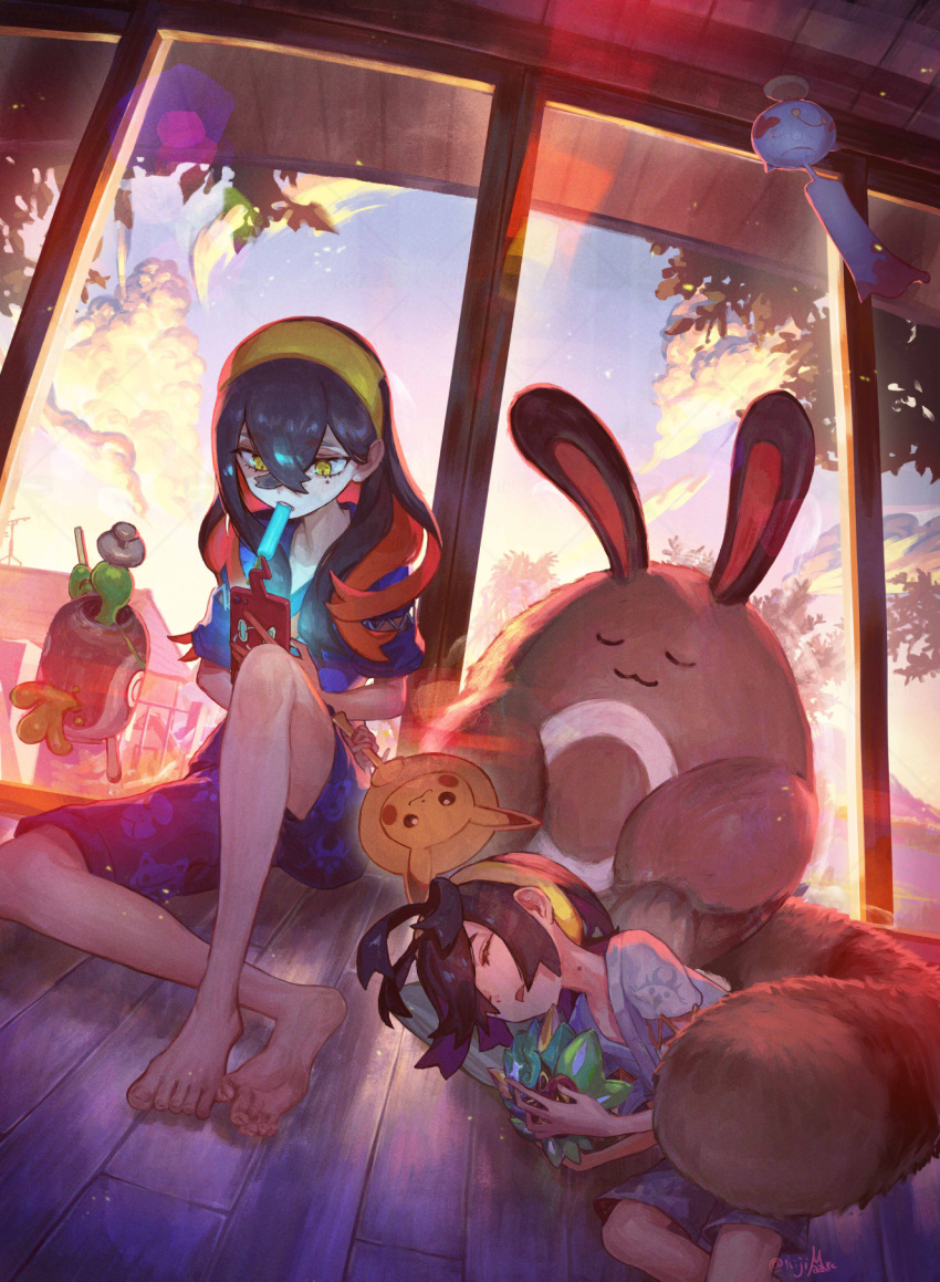 1boy barefoot blue_shirt blue_shorts brother_and_sister carmine_(pokemon) chimecho closed_eyes cloud commentary_request day feet female food hairband highres holding holding_mask indoors kieran_(pokemon) knees lying mask mouth_hold nijimaarc pokemon pokemon_(creature) pokemon_sv poltchageist popsicle rotom rotom_phone sentret shirt shorts siblings sitting sky toes wooden_floor yellow_hairband