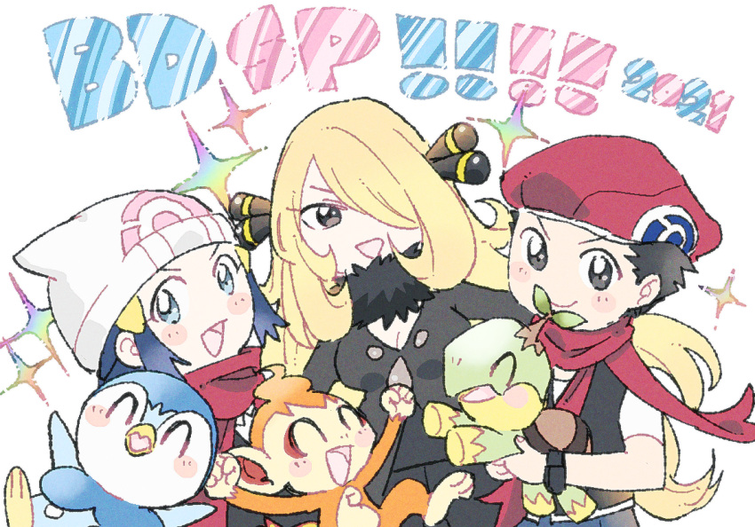 1boy 2girls :d bad_id bad_pixiv_id beanie black_hair blonde_hair blush_stickers chimchar closed_mouth commentary_request copyright_name cynthia_(pokemon) dawn_(pokemon) fur_collar grey_eyes hair_ornament hat holding holding_pokemon looking_at_viewer lucas_(pokemon) mope multiple_girls open_mouth piplup pokemon pokemon_(creature) pokemon_bdsp pokemon_dppt red_headwear red_scarf scarf short_hair short_sleeves smile sparkle starter_pokemon_trio turtwig white_headwear