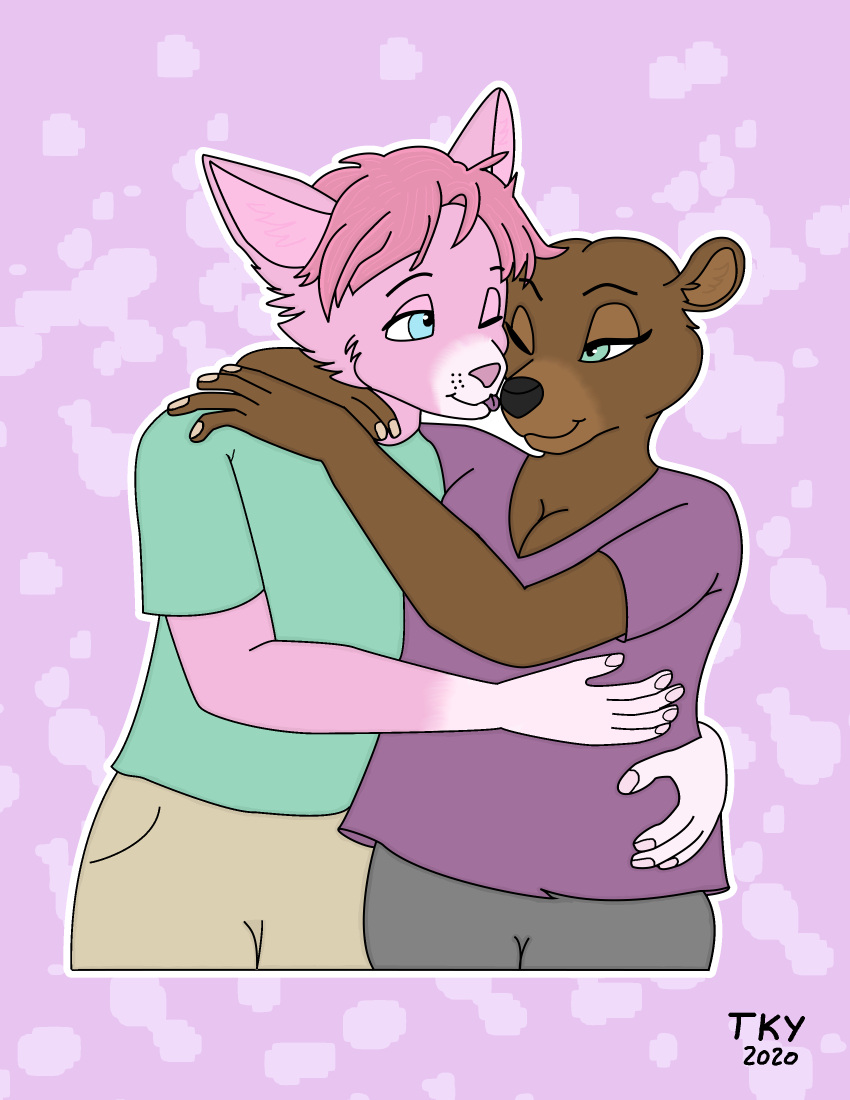 absurd_res anthro avery_(tackykat) bear blep cuddling domestic_cat duo eye_contact felid feline felis female hi_res hug looking_at_another male male/female mammal simple_background smile tackykat tongue tongue_out victoria_(tackykat)