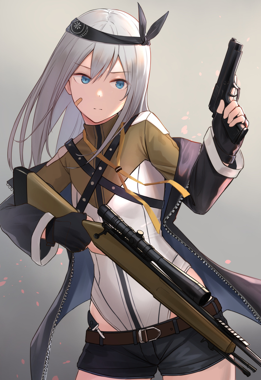 absurdres bandaid bandaid_on_cheek bandaid_on_face bandana belt black_bandana black_gloves black_jacket black_shorts blue_eyes bolt_action commentary_request cowboy_shot darpa_xm-3 dual_wielding female fingerless_gloves girls'_frontline gloves gradient_background grey_hair gun handgun highres holding holding_gun holding_weapon jacket leotard long_hair off_shoulder rifle scope shorts sniper_rifle solo tadano_tarako trigger_discipline weapon xm3_(girls'_frontline) zipper