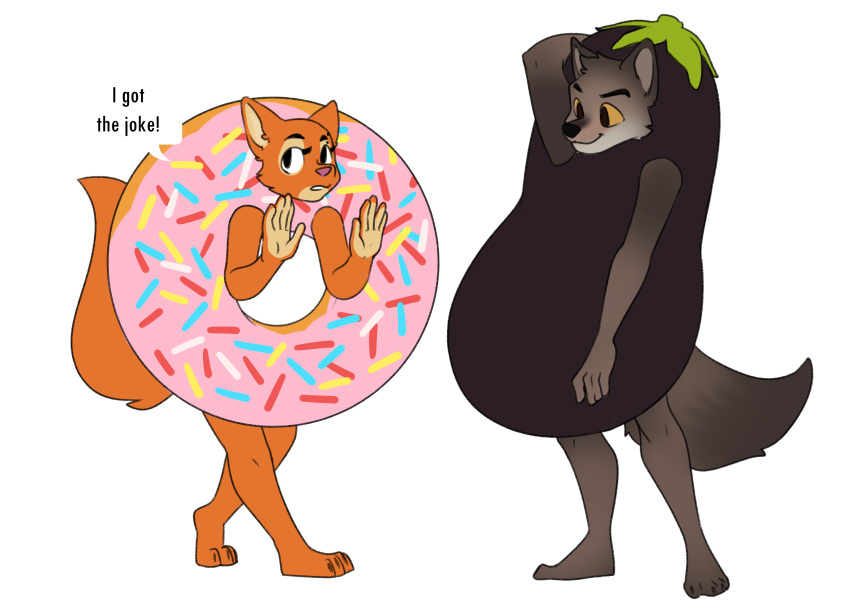 alpha_channel anthro canid canine canis clothing costume deathly_forest dessert diane_foxington donut_costume doughnut dreamworks duo eggplant eggplant_costume eyebrow_piercing facial_piercing female food food_costume fox fruit hi_res male male/female mammal mr._wolf_(the_bad_guys) pastry piercing plant tail the_bad_guys wolf