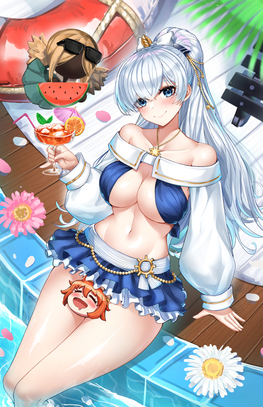 anastasia_(fate) anastasia_(swimsuit_archer)_(fate) anastasia_(swimsuit_archer)_(third_ascension)_(fate) bare_shoulders bikini blue_bikini blue_eyes blue_skirt blush bow breasts casul cleavage collarbone cup doll drinking_glass fate/grand_order fate_(series) female flower food fruit fujimaru_ritsuka_(female) hair_over_one_eye hairbow highres jewelry large_breasts long_hair long_sleeves looking_at_viewer miniskirt navel necklace ponytail puffy_long_sleeves puffy_sleeves sitting skirt soaking_feet swimsuit thighs very_long_hair viy_(fate) water watermelon watermelon_slice white_hair