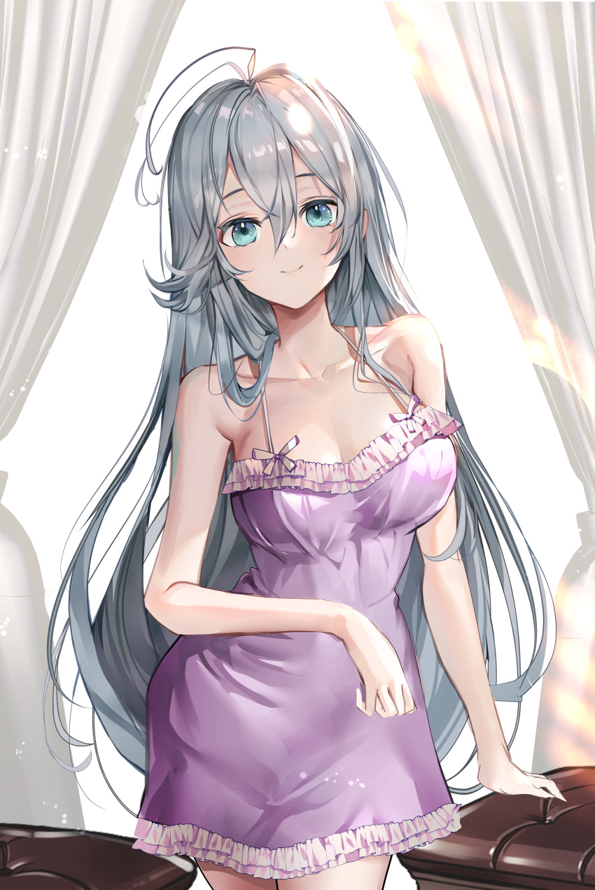 86_-eightysix- a_(sofi3103) absurdres ahoge bad_id bad_pixiv_id blue_eyes blush breasts camisole cleavage collarbone commentary curtains dress female grey_hair hair_between_eyes head_tilt highres leaning_to_the_side lingerie long_hair looking_at_viewer medium_breasts negligee purple_camisole purple_dress smile solo underwear very_long_hair vladilena_millize