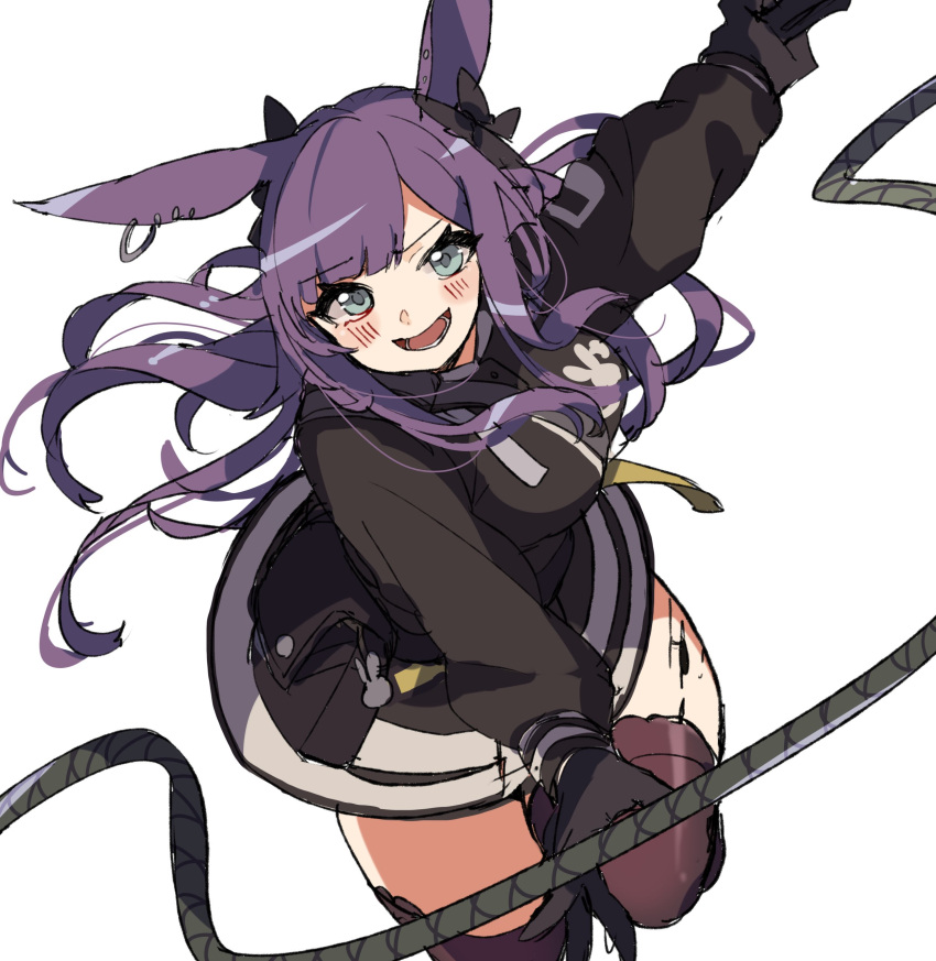 absurdres animal_ears arknights black_bow black_jacket black_thighhighs blush bow breasts commentary cowboy_shot female hairbow highres jacket leg_up long_hair looking_at_viewer material_growth medium_breasts open_mouth oripathy_lesion_(arknights) purple_hair rabbit_ears rope rope_(arknights) simple_background solo thighhighs vegetable_noda white_background