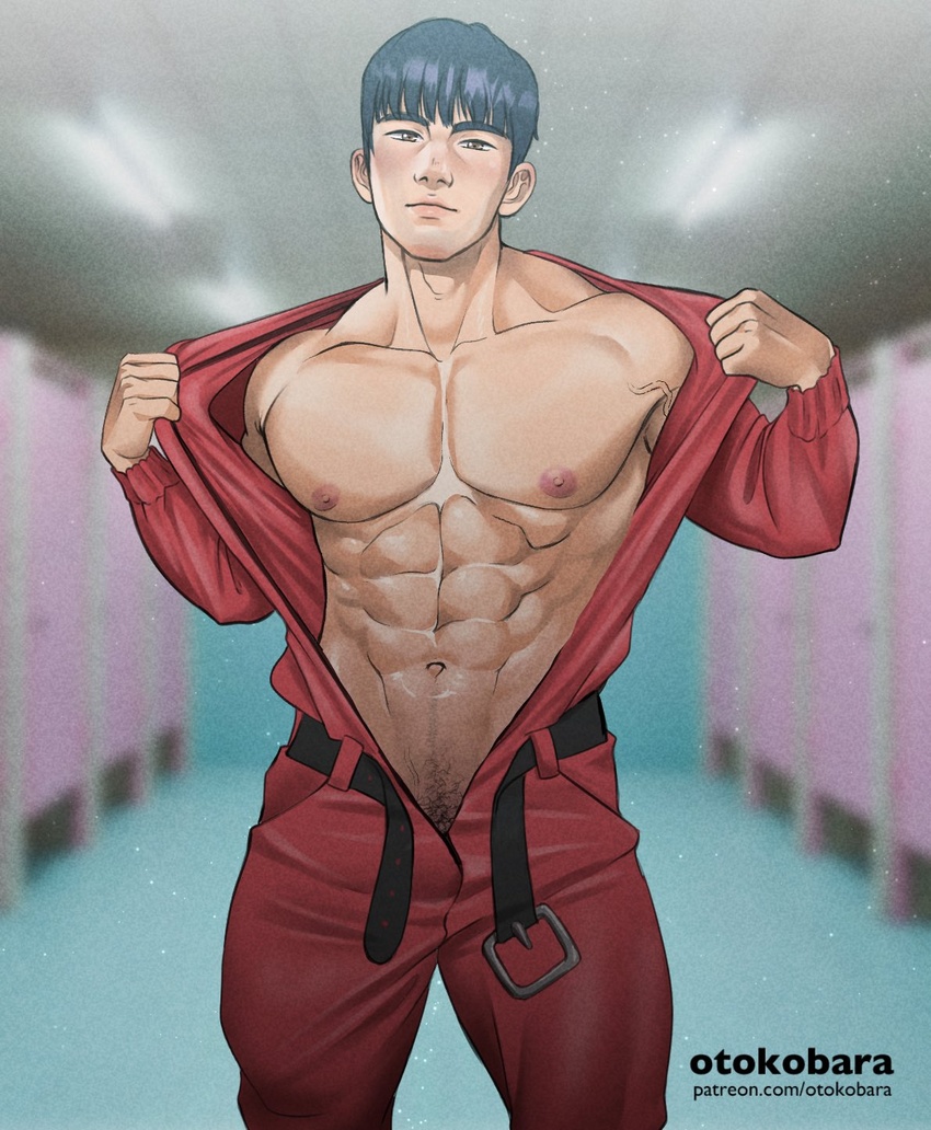 1boy abs artist_name bara bare_pectorals belt belt_buckle black_belt black_hair brown_eyes buckle closed_mouth commentary english_commentary highres hood hood_down hooded_jumpsuit hwang_jun-ho jumpsuit large_pectorals looking_at_viewer male_focus male_pubic_hair muscular muscular_male navel nipples open_belt open_clothes open_jumpsuit otokobara patreon_username pectorals pubic_hair red_jumpsuit short_hair solo squid_game