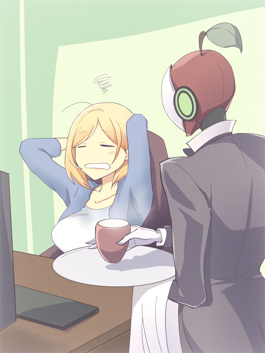 1other aki_rosenthal alternate_costume alternate_size blonde_hair blue_jacket bob_cut butler closed_eyes computer desk detached_hair drink female gloves highres hololive jacket parted_bangs rosen-tai segablue shirt short_hair virtual_youtuber white_shirt