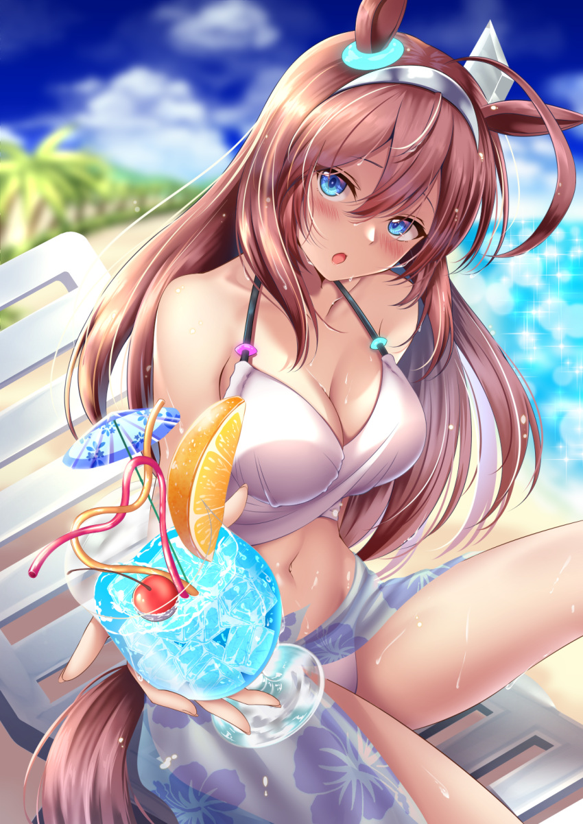 ahoge animal_ears beach beach_chair bikini blue_eyes blue_sky blurry blurry_background blush breasts brown_hair cherry cleavage collarbone commentary_request cup day drinking_straw female floral_print food fruit hair_between_eyes hair_ornament highres holding holding_cup horse_ears horse_girl horse_tail ice ice_cube looking_at_viewer mihono_bourbon_(umamusume) navel ocean open_mouth orange_(fruit) orange_slice outdoors palm_tree print_sarong rairaisuruyo sarong sitting sky solo swimsuit tail tree umamusume wet