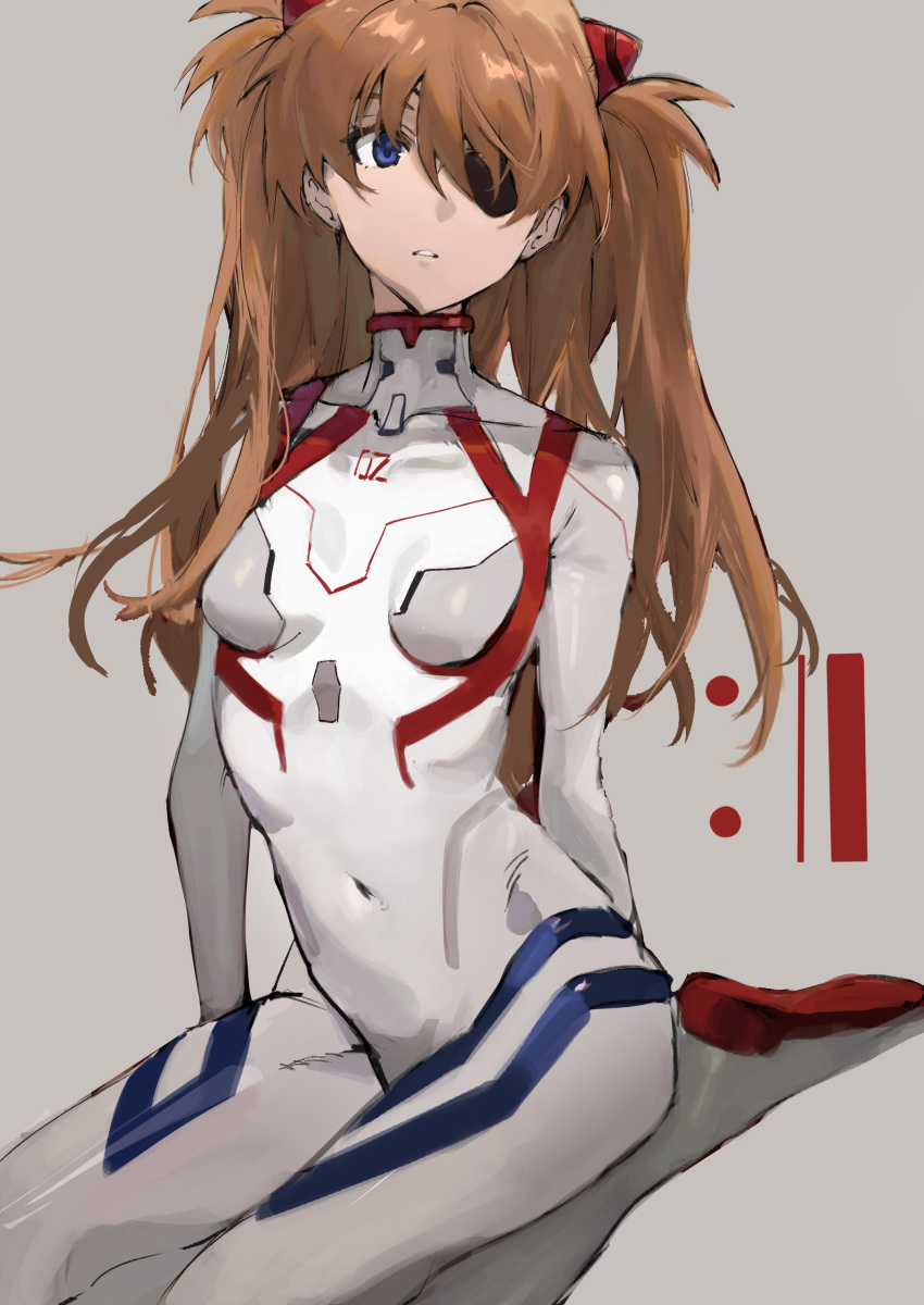 absurdres blue_eyes brown_hair collarbone commentary covered_collarbone covered_navel evangelion:_3.0+1.0_thrice_upon_a_time eyelashes eyepatch female gradient_background highres long_hair neon_genesis_evangelion parted_lips plugsuit rebuild_of_evangelion sitting solo souryuu_asuka_langley teeth tsuiru turtleneck twintails wariza