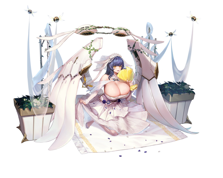 blue_hair blush breasts bridal_gauntlets bush cleavage dress female full_body highres huge_breasts jam_(nandade) last_origin long_hair looking_at_viewer official_alternate_costume official_art smile snow_feather_(last_origin) solo third-party_source transparent_background wedding_dress yellow_eyes