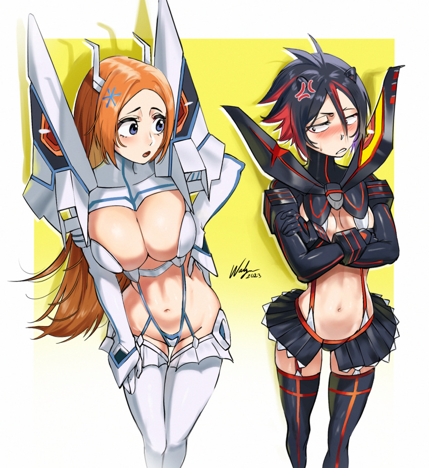 2girls alternate_costume anger_vein black_eyes black_hair black_skirt black_thighhighs bleach breasts cleavage cosplay gradient_hair grey_eyes hairpods highres inoue_orihime junketsu kill_la_kill kiryuuin_satsuki kiryuuin_satsuki_(cosplay) kuchiki_rukia large_breasts life_fiber living_clothes matoi_ryuuko matoi_ryuuko_(cosplay) microskirt multicolored_hair multiple_girls navel orange_hair red_hair revealing_clothes senketsu showgirl_skirt skirt small_breasts suspender_skirt suspenders thighhighs waligner white_thighhighs