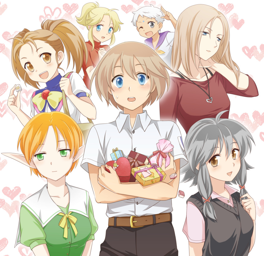 1boy 6+girls :d :o alternate_costume belt black_hair black_pants black_vest blonde_hair blue_eyes blush bow bowtie box breasts brother_and_sister brown_belt brown_eyes brown_hair candy commentary_request elf flare_en_kuldes food gensou_suikoden gensou_suikoden_iv gift gift_bag gift_box green_eyes green_shirt grey_hair hair_between_eyes ham_pon heart heart-shaped_box heart_necklace highres holding holding_candy holding_food jewel_(suikoden) jewelry kika_(suikoden) lazlo_(suikoden) looking_at_viewer medium_breasts medium_hair millay_(suikoden) multiple_girls necklace open_mouth orange_hair pants paula_(suikoden) pink_shirt pointy_ears purple_eyes red_shirt rita_(suikoden) school_uniform serafuku shirt short_hair short_ponytail short_twintails siblings sidelocks smile sweatdrop sweater_vest twintails valentine vest white_hair white_shirt yellow_bow yellow_bowtie