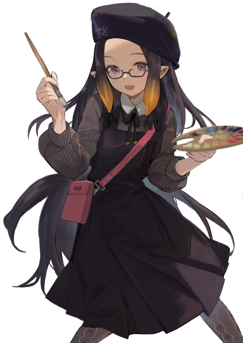 :d absurdres art_brush bag beret black_hair black_hat black_ribbon collared_shirt commentary cowboy_shot dress english_commentary female flat_chest forehead glasses gradient_hair grey_eyes grey_pantyhose grey_shirt handbag hat highres holding holding_paintbrush holding_palette hololive hololive_english long_hair long_sleeves looking_at_viewer multicolored_hair neck_ribbon ninomae_ina'nis ninomae_ina'nis_(casual) oerba_yun_fang official_alternate_costume official_alternate_hairstyle open_mouth orange_hair paintbrush palette_(object) pantyhose pinafore_dress pink_bag pinstripe_pattern pinstripe_shirt pleated_dress pointy_ears puffy_long_sleeves puffy_sleeves purple-framed_eyewear ribbon shirt sidelocks sideways_hat simple_background skin_fang sleeveless sleeveless_dress smile solo striped tentacle_hair tsuiru very_long_hair virtual_youtuber white_background