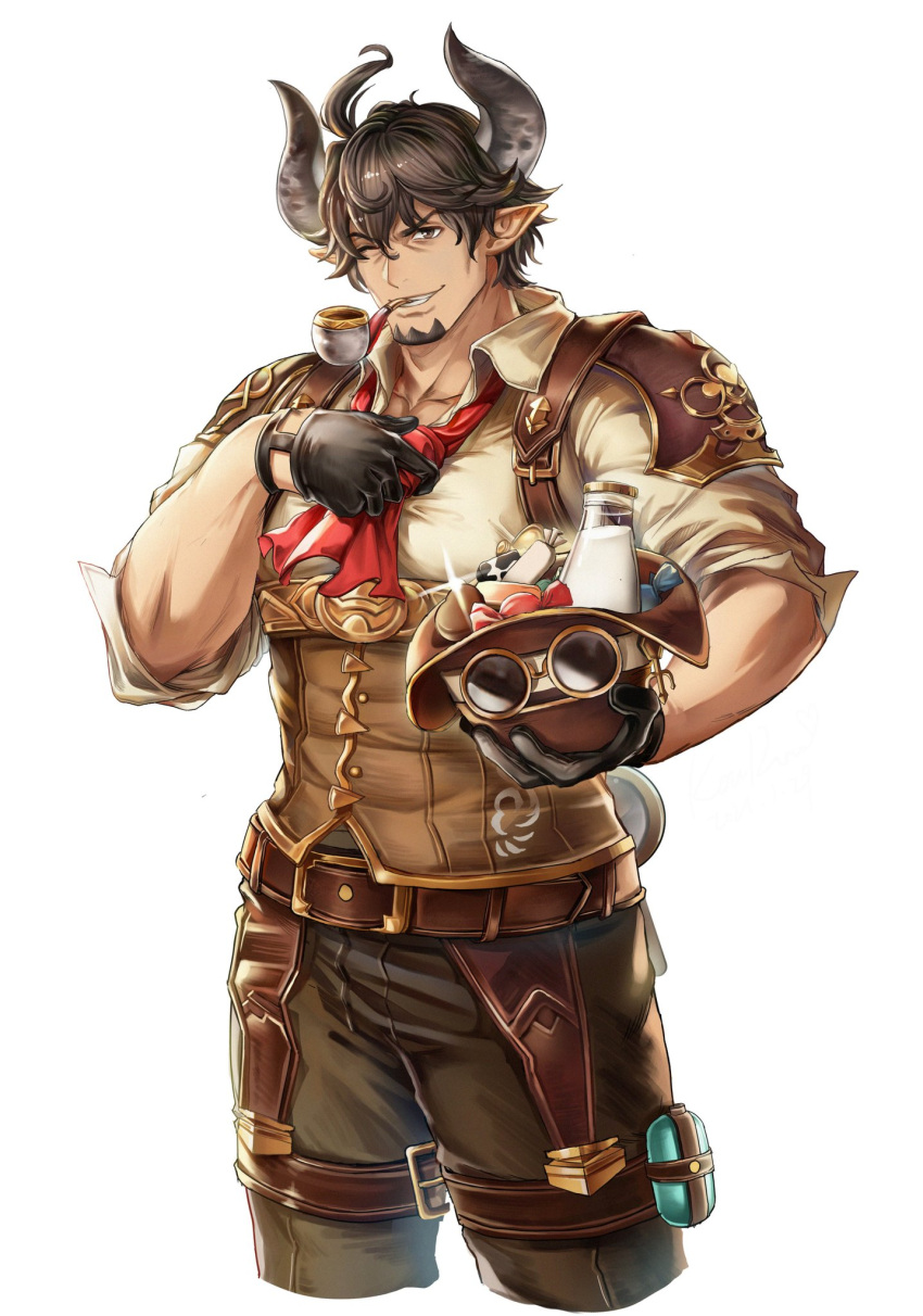 1boy anjingkuxiao ascot bara barawa brown_eyes brown_hair brown_pants collarbone cropped_legs draph facial_hair goatee goggles goggles_on_headwear granblue_fantasy hat highres horns large_pectorals leather_belt male_focus mature_male muscular muscular_male one_eye_closed pants pectorals pointy_ears red_ascot shirt short_hair sideburns sleeves_rolled_up smile solo thick_thighs thighs tight_clothes tight_shirt unworn_hat unworn_headwear