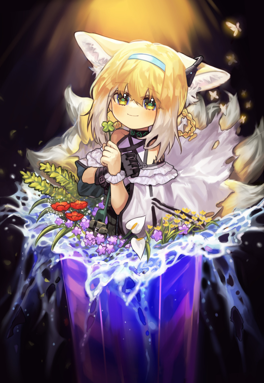 absurdres animal_ears anthurium arknights blonde_hair blue_hairband blush braid bug butterfly clover dress earpiece female flower four-leaf_clover fox_ears fox_girl fox_tail hair_rings hairband highres holding holding_clover infection_monitor_(arknights) lily_of_the_valley long_hair looking_at_viewer mechanical_arms multiple_tails single_mechanical_arm smile solo sp0i0ppp suzuran_(arknights) tail water white_dress wrist_cuffs yellow_eyes