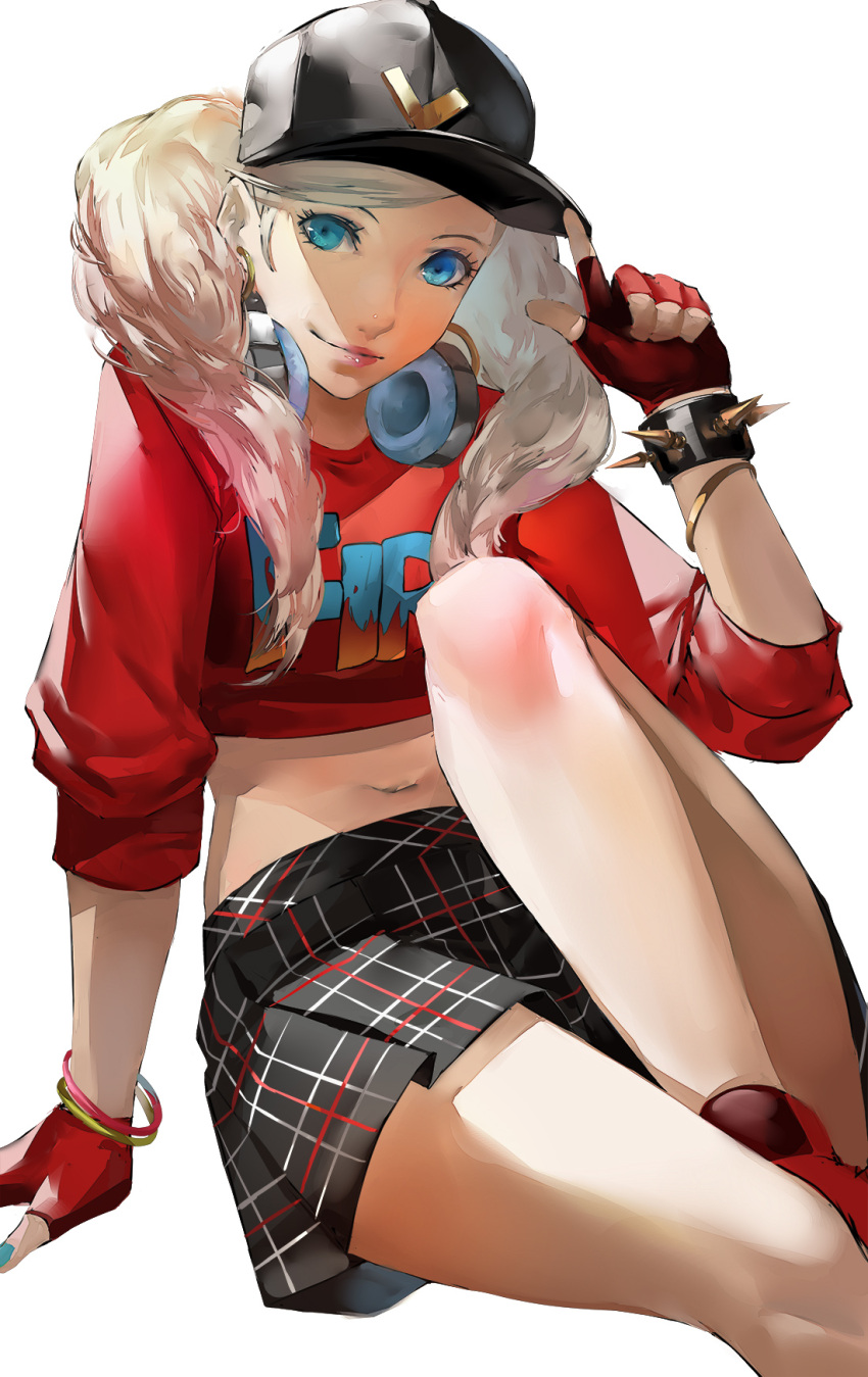 alternate_costume arm_support bare_legs baseball_cap black_skirt blazpu blonde_hair blue_eyes bracelet breasts crop_top english_text eyelashes feet_out_of_frame female fingerless_gloves gloves hat headphones highres invisible_chair jewelry knee_up legs lipgloss lips long_sleeves looking_at_viewer midriff navel persona persona_5 persona_5:_dancing_star_night persona_dancing plaid plaid_skirt pointing pointing_up red_footwear red_shirt shadow shirt simple_background sitting skirt smile solo swept_bangs takamaki_anne twintails white_background