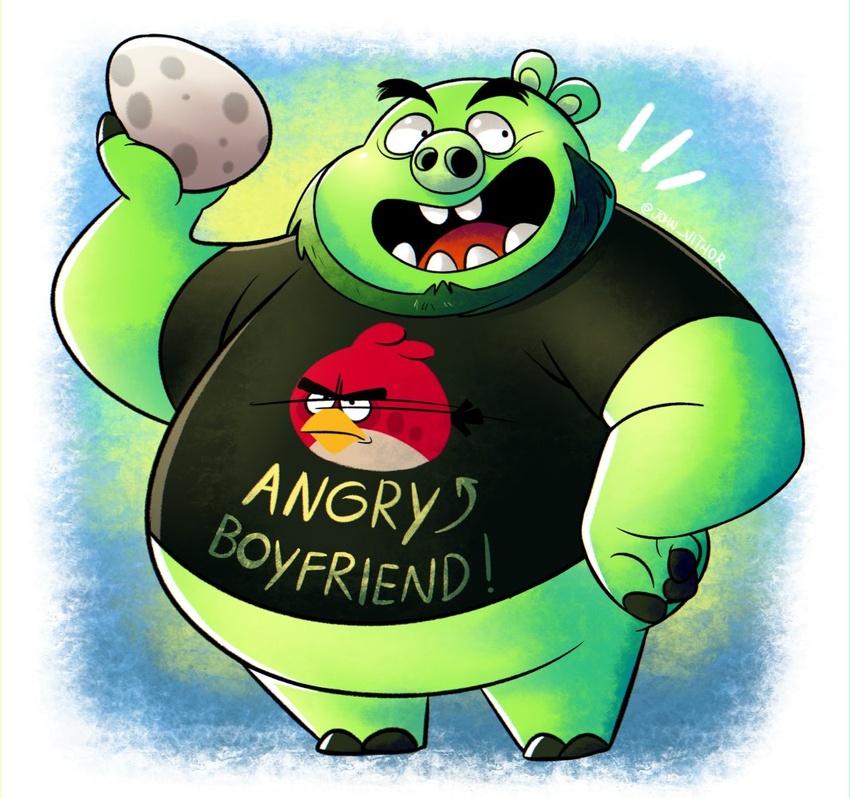 2022 angry_birds anthro beard belly big_belly clothing domestic_pig english_text facial_hair green_body john_vithor king_leonard_mudbeard male mammal overweight overweight_male pig_(angry_birds) red_(angry_birds) rovio_entertainment sega shirt solo suid suina sus_(pig) text text_on_clothing text_on_shirt text_on_topwear the_angry_birds_movie topwear