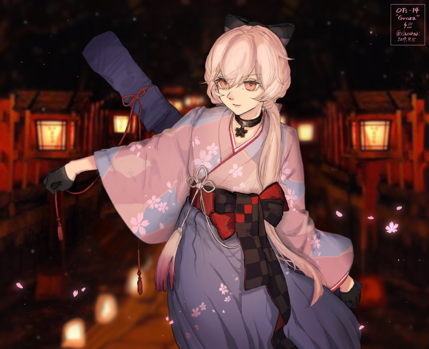 absurdres black_gloves blonde_hair bow character_name choker commentary_request dated female floral_print girls'_frontline gloves hair_over_shoulder hairbow hakama hakama_skirt highres japanese_clothes kimono long_hair looking_at_viewer night official_alternate_costume ots-14_(flurry_of_petals)_(girls'_frontline) ots-14_(girls'_frontline) outdoors pink_kimono ponytail print_kimono skirt smile solo twitter_username xia_oekaki yellow_eyes