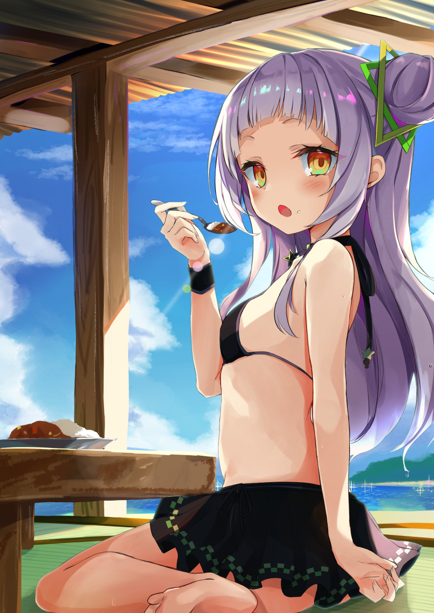 absurdres arched_bangs bare_shoulders barefoot beach bikini bikini_top_only black_bikini black_skirt blush breasts brown_eyes choker cloud cone_hair_bun day female food food_on_face from_side full_body grey_hair hair_bun hair_ornament hand_up highres holding holding_spoon hololive long_hair looking_at_viewer looking_to_the_side murasaki_shion murasaki_shion_(hololive_summer_2019) official_alternate_costume open_mouth outdoors pillar plate pleated_skirt sideboob sidelocks single_hair_bun single_side_bun sitting skirt sky small_breasts solo spoon stomach swimsuit table thighs toshizou_(0714) virtual_youtuber water wristband