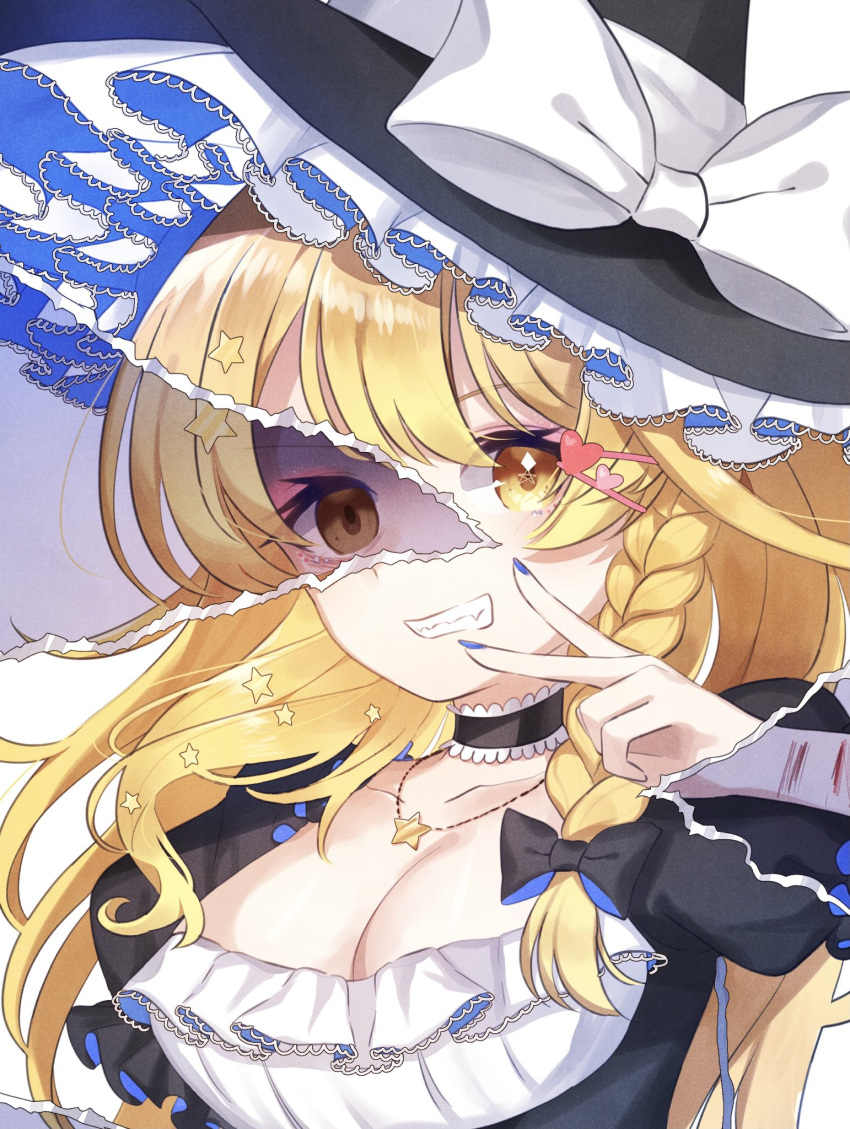 ametama_(runarunaruta5656) black_choker black_ribbon blonde_hair blue_nails blush bow braid breasts choker cleavage collarbone commentary_request diamond-shaped_pupils diamond_(shape) empty_eyes female grin hair_ribbon hat hat_ribbon heart highres injury jewelry kirisame_marisa long_hair looking_at_viewer medium_breasts nail_polish necklace ribbon simple_background smile solo star_(symbol) star_necklace symbol-shaped_pupils touhou tress_ribbon upper_body white_background white_bow white_ribbon witch_hat yellow_eyes