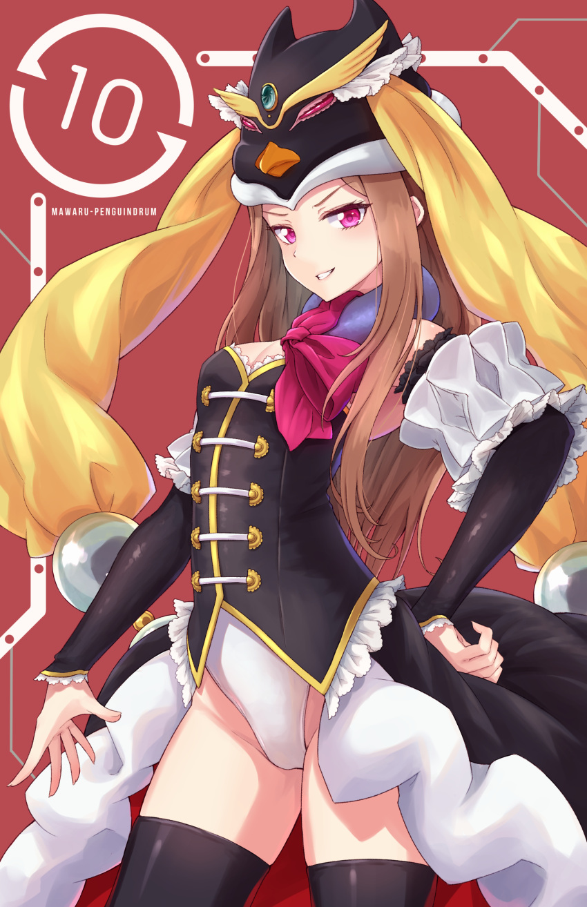 absurdres animal_hat black_hat black_sleeves black_thighhighs breasts brown_hair bustier cleavage copyright_name cowboy_shot detached_sleeves female grin hand_on_own_hip hat highres komashiro_n leotard long_hair long_sleeves mawaru_penguindrum princess_of_the_crystal red_eyes shiny_clothes shiny_legwear small_breasts smile solo standing takakura_himari thighhighs very_long_hair white_leotard