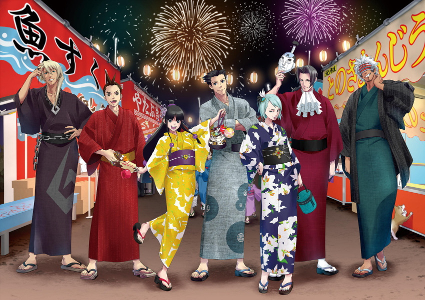 2girls 5boys apollo_justice ascot bag black_hair blonde_hair canine crossed_arms ear_piercing festival fireworks godot_(ace_attorney) grey_hair gyakuten_saiban hair_ornament handbag highres japanese_clothes karuma_mei kimono klavier_gavin lantern leg_up magatama market_stall mask maya_fey miles_edgeworth missile_(ace_attorney) multiple_boys multiple_girls naruhodou_ryuuichi piercing rubbing_neck sandals twisted_hair white_hair yukata