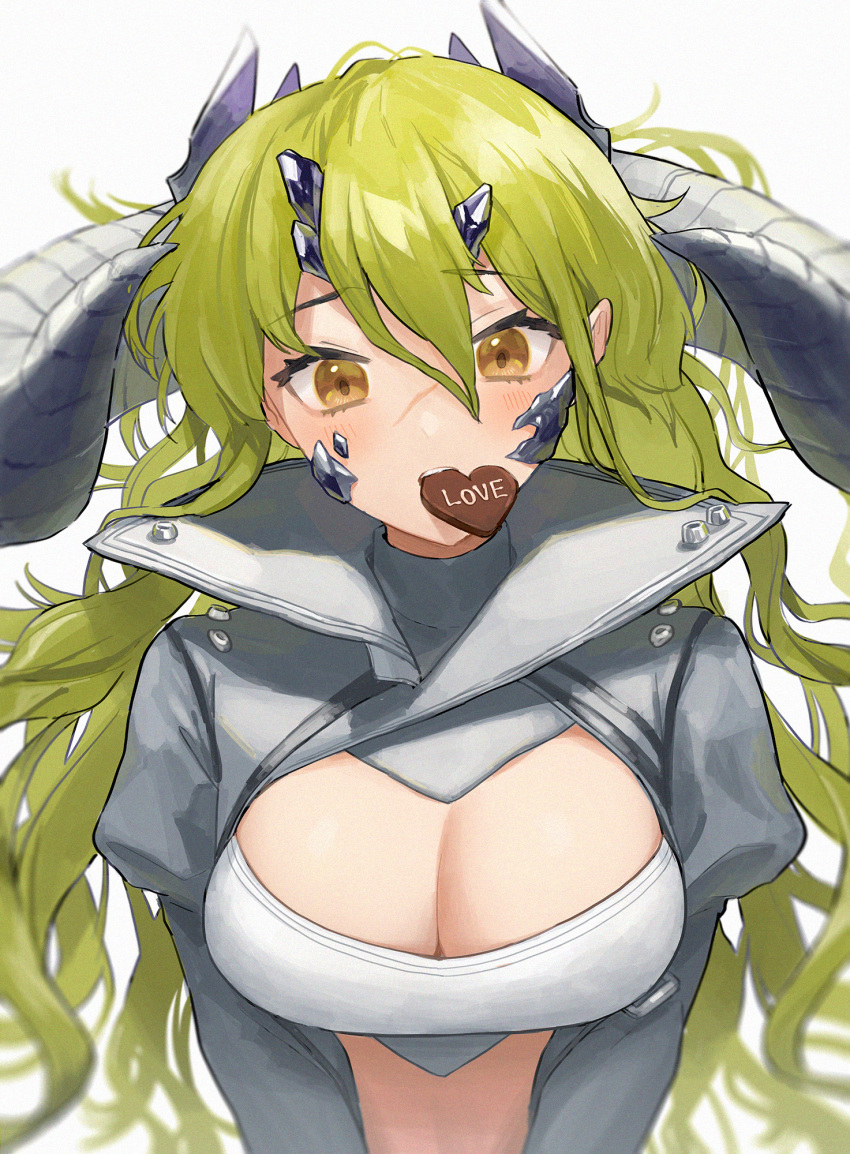 arknights blush breasts brown_eyes candy chocolate cleavage estelle_(arknights) female food green_hair hair_between_eyes heart heart-shaped_chocolate high_collar highres horns jfjf large_breasts long_hair long_sleeves messy_hair mouth_hold revision scar scar_across_eye scar_on_face simple_background solo valentine white_background