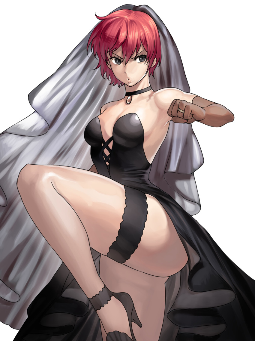 absurdres ankle_garter ass black_choker black_eyes black_footwear breasts bridal_garter bridal_veil bride choker clenched_hand cross-laced_clothes dress elbow_gloves female fighting_stance gloves han_soo-min_(hanny) hanny_(uirusu_chan) high_heels highres holding jewelry navel no_bra original plunging_neckline red_hair ring sheer_gloves short_hair side_slit simple_background small_breasts solo standing standing_on_one_leg strapless strapless_dress tekken thick_thighs thighs veil wedding wedding_dress wedding_ring white_background