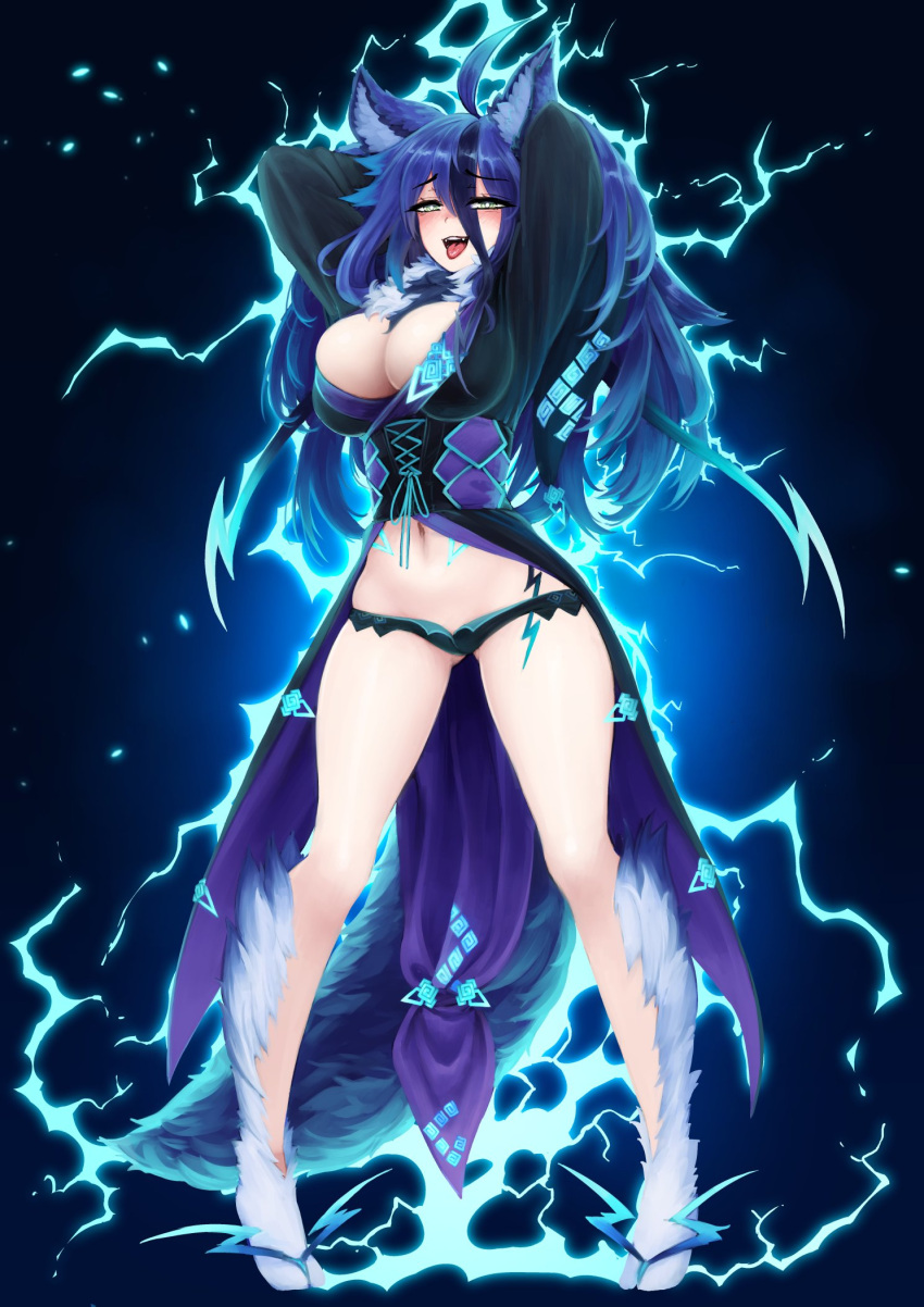 ahoge animal_ear_fluff animal_ears arms_behind_head arms_up barbariank black_hair blue_hair breasts commentary electricity english_commentary eyes_visible_through_hair female full_body fur_collar green_eyes hair_between_eyes half-closed_eyes hand_in_own_hair highres large_breasts legs_apart long_hair long_sleeves looking_at_viewer monster_girl_encyclopedia multicolored_hair naughty_face navel open_mouth raiju_(monster_girl_encyclopedia) solo standing streaked_hair tail tongue tongue_out two-tone_hair