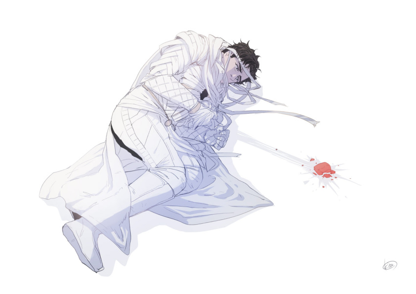 1boy bandages black_hair blood boots kitta_(estrella) male_focus marc_spector marvel marvel_cinematic_universe moon_knight moon_knight_(disney+) on_floor simple_background solo superhero_costume tagme white_background white_footwear