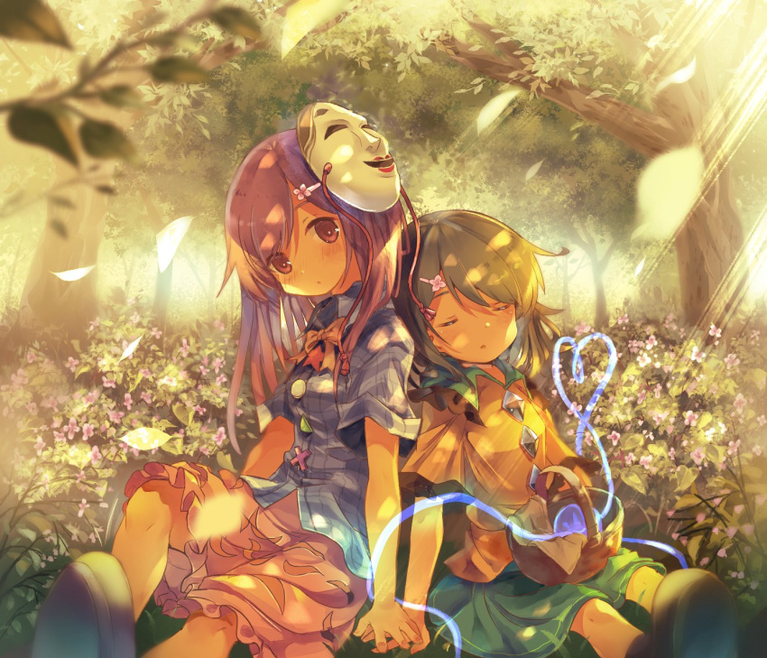 2girls basket blue_shirt branch breasts bush closed_eyes dappled_sunlight flat_chest frilled_shirt_collar frilled_sleeves frills grass green_hair green_skirt hair_ornament hairclip hata_no_kokoro heart heart_of_string highres holding_hands knees komeiji_koishi leaf light_rays long_hair looking_at_viewer mask mask_on_head multiple_girls pink_eyes pink_hair pink_skirt sekisei_(superego51) shirt shoes short_hair short_sleeves sitting skirt sleeping small_breasts sunbeam sunlight third_eye touhou tree unworn_headwear wide_sleeves yellow_shirt