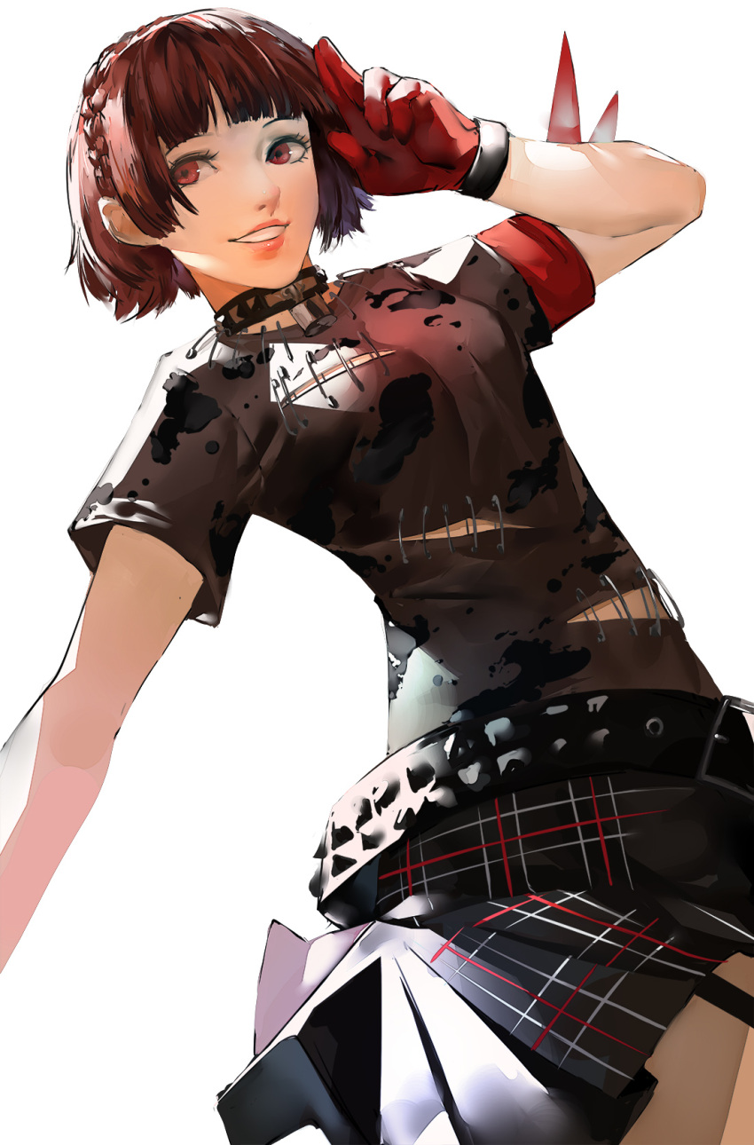 alternate_costume arm_ribbon belt black_shirt blazpu braid breasts brown_hair choker crown_braid duplicate female garter_straps gloves grin hand_up highres lock niijima_makoto persona persona_5 persona_5:_dancing_star_night persona_dancing pixel-perfect_duplicate plaid plaid_skirt red_eyes red_gloves red_ribbon ribbon shirt short_hair simple_background skirt smile solo studded_belt t-shirt torn_clothes torn_shirt white_background