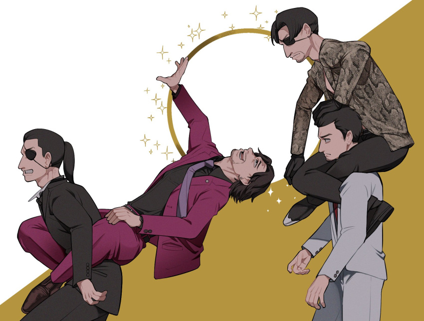 4boys aged_down aged_up black_hair black_jacket black_pants brown_footwear circle clenched_teeth english_commentary enokido grey_jacket grey_pants highres jacket kiryu_kazuma majima_goro multiple_boys necktie nishitani_homare pants ponytail purple_necktie red_jacket red_shirt ryuu_ga_gotoku ryuu_ga_gotoku_(series) ryuu_ga_gotoku_0 ryuu_ga_gotoku_1 ryuu_ga_gotoku_kiwami shirt shoes sitting sitting_on_person socks sparkle teeth