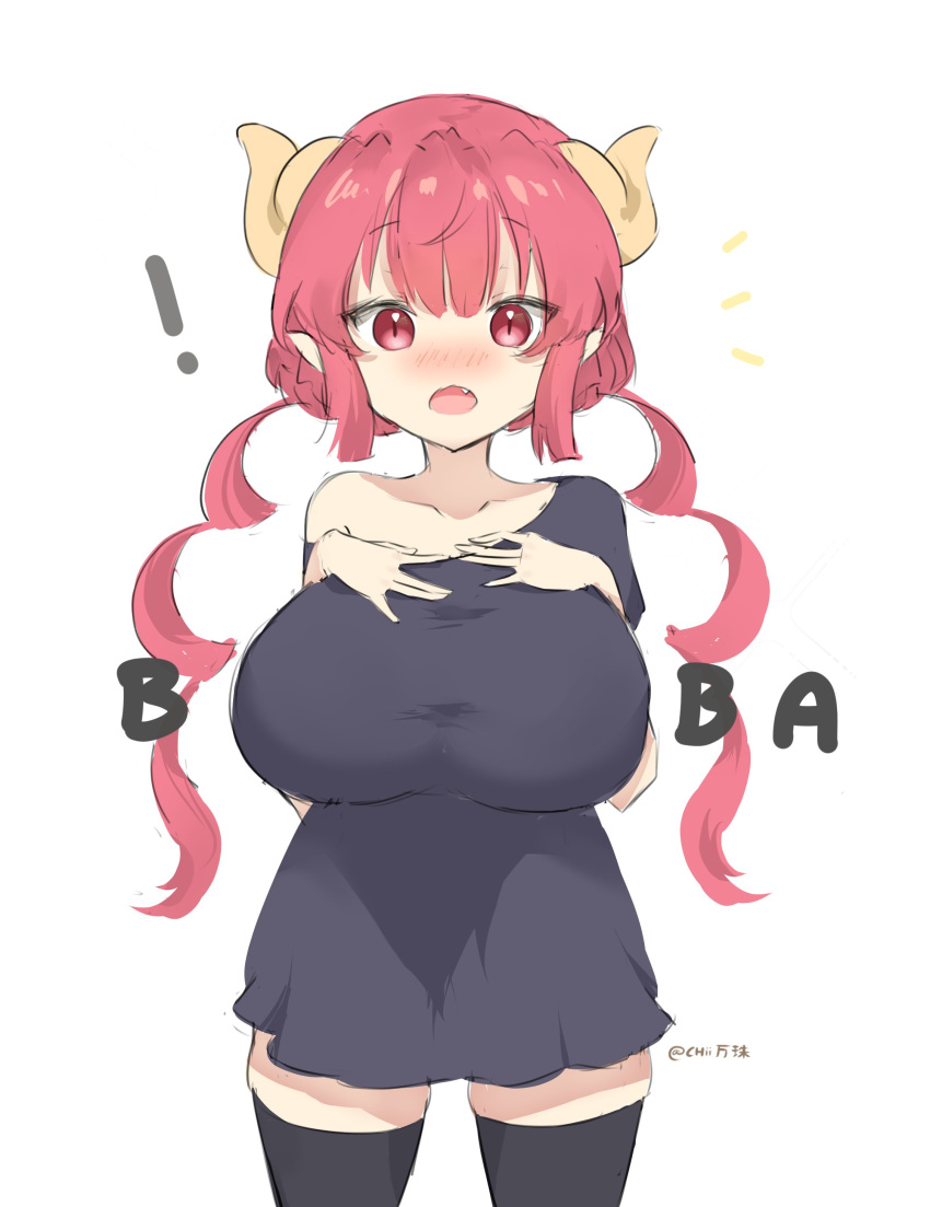 ! absurdres black_thighhighs blush booba_(meme) breast_suppress breasts chiimanju collarbone commentary cowboy_shot dragon_girl dragon_horns english_commentary english_text female hands_up highres horns huge_breasts ilulu_(maidragon) kobayashi-san_chi_no_maidragon long_hair looking_at_viewer meme mixed-language_commentary nose_blush oerba_yun_fang open_mouth pink_hair pointy_ears red_eyes red_hair romaji_commentary shirt signature simple_background slit_pupils solo standing straight-on thighhighs twintails twitter_username white_background zettai_ryouiki