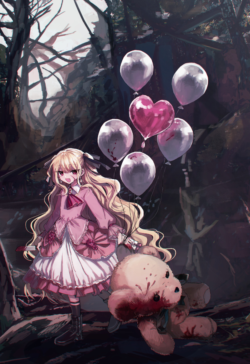 balloon bare_tree black_footwear black_socks blonde_hair blood blood_on_face blood_on_hands blood_on_knife boots commentary danjou_sora dress female frilled_dress frills heart_balloon highres holding holding_balloon holding_knife knife long_sleeves original pink_dress puffy_long_sleeves puffy_sleeves socks solo stuffed_animal stuffed_toy symbol-only_commentary teddy_bear tree